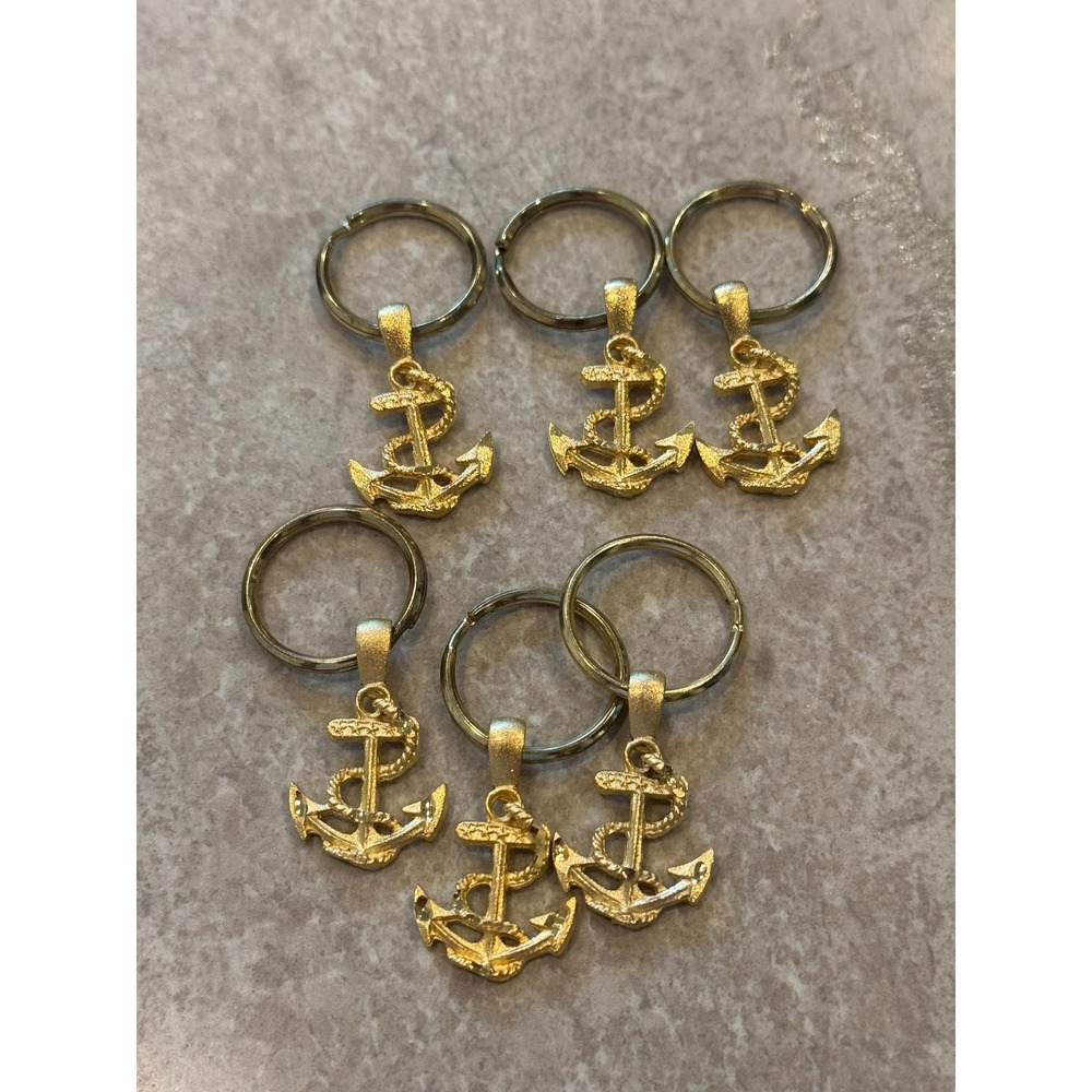 Lot of 6 Gold Tone Nautical Anchor Keychains Rope Detail Maritime Charms
